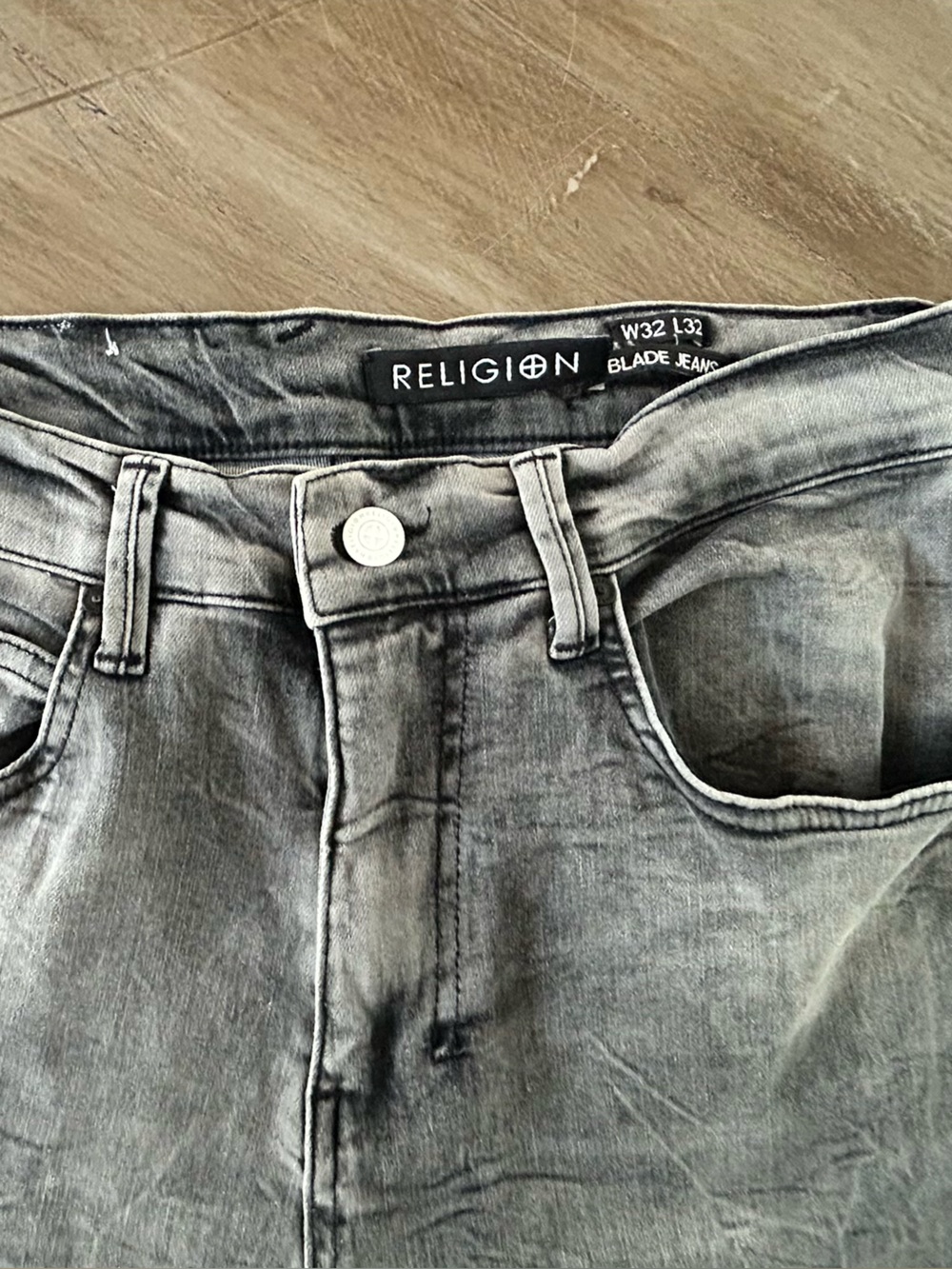 Men's Grey Washed Skinny Biker Jeans - Picture 2 of 3